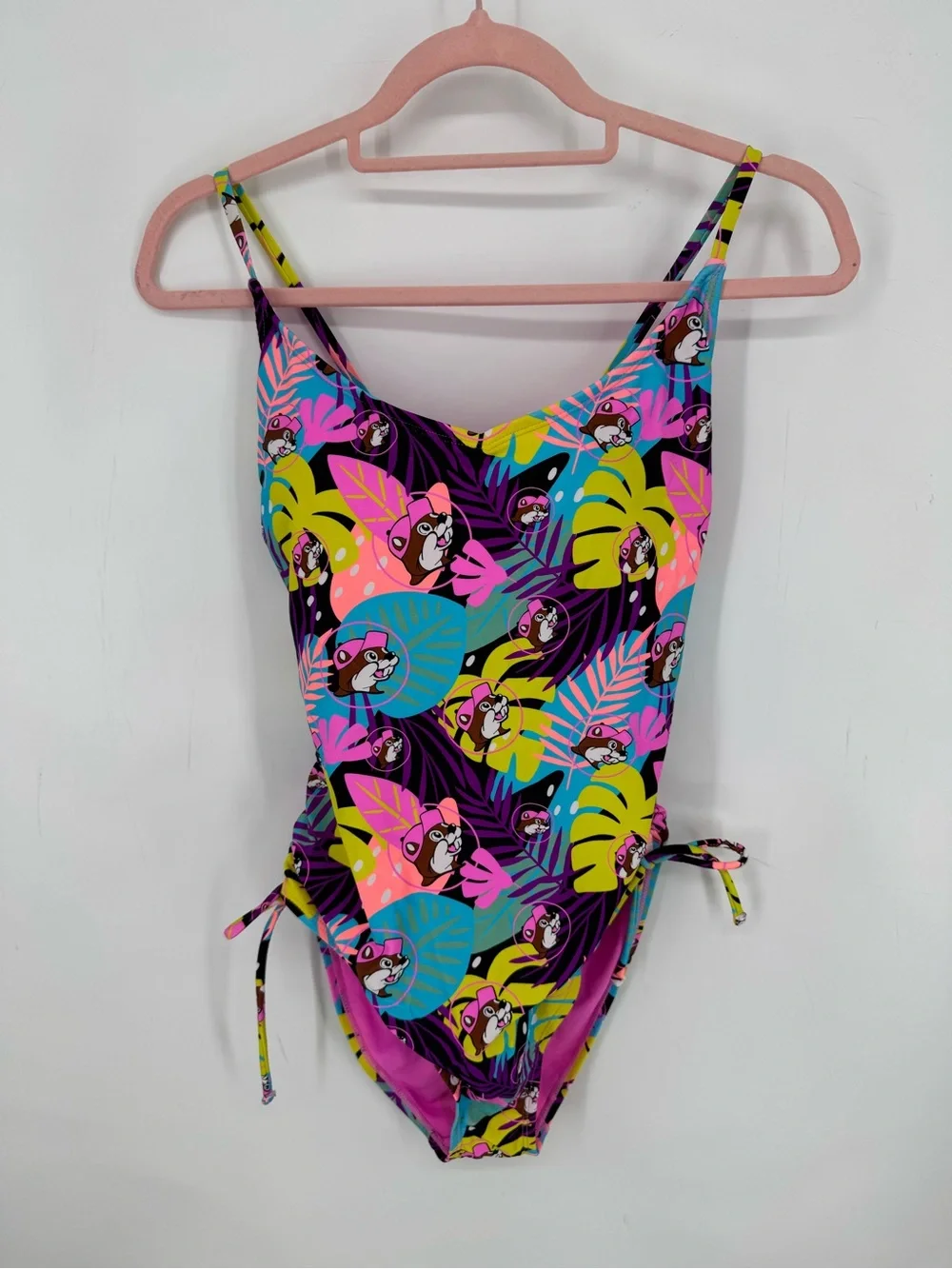 BUC-EE'S Women's Tropical Beaver One-Piece Swimsuit – Pink Blue & Yellow Size XL